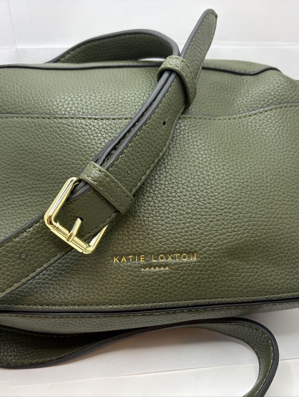 Katie Loxton London Olive Green Pebbled Vegan Leather Crossbody Bag GoldHardware